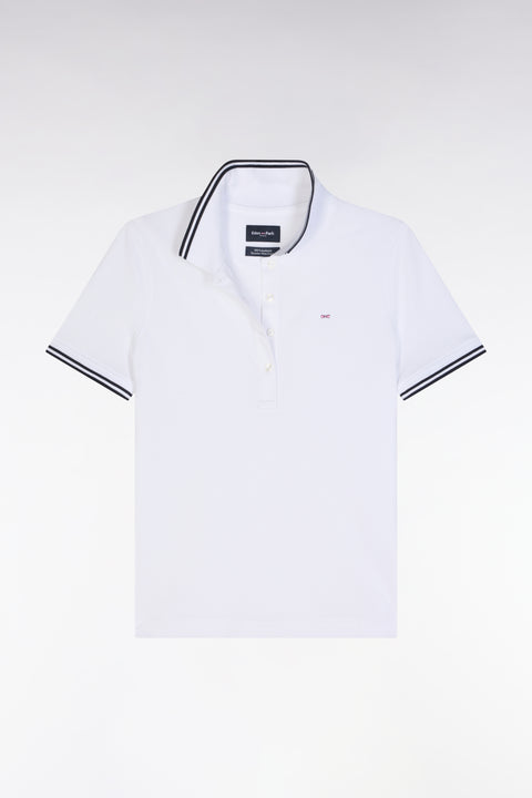 Short-sleeved polo shirt in white Pima cotton piqué with striped accents - Image 2