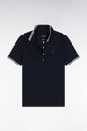 Short-sleeved polo shirt in navy Pima cotton piqué with striped accents