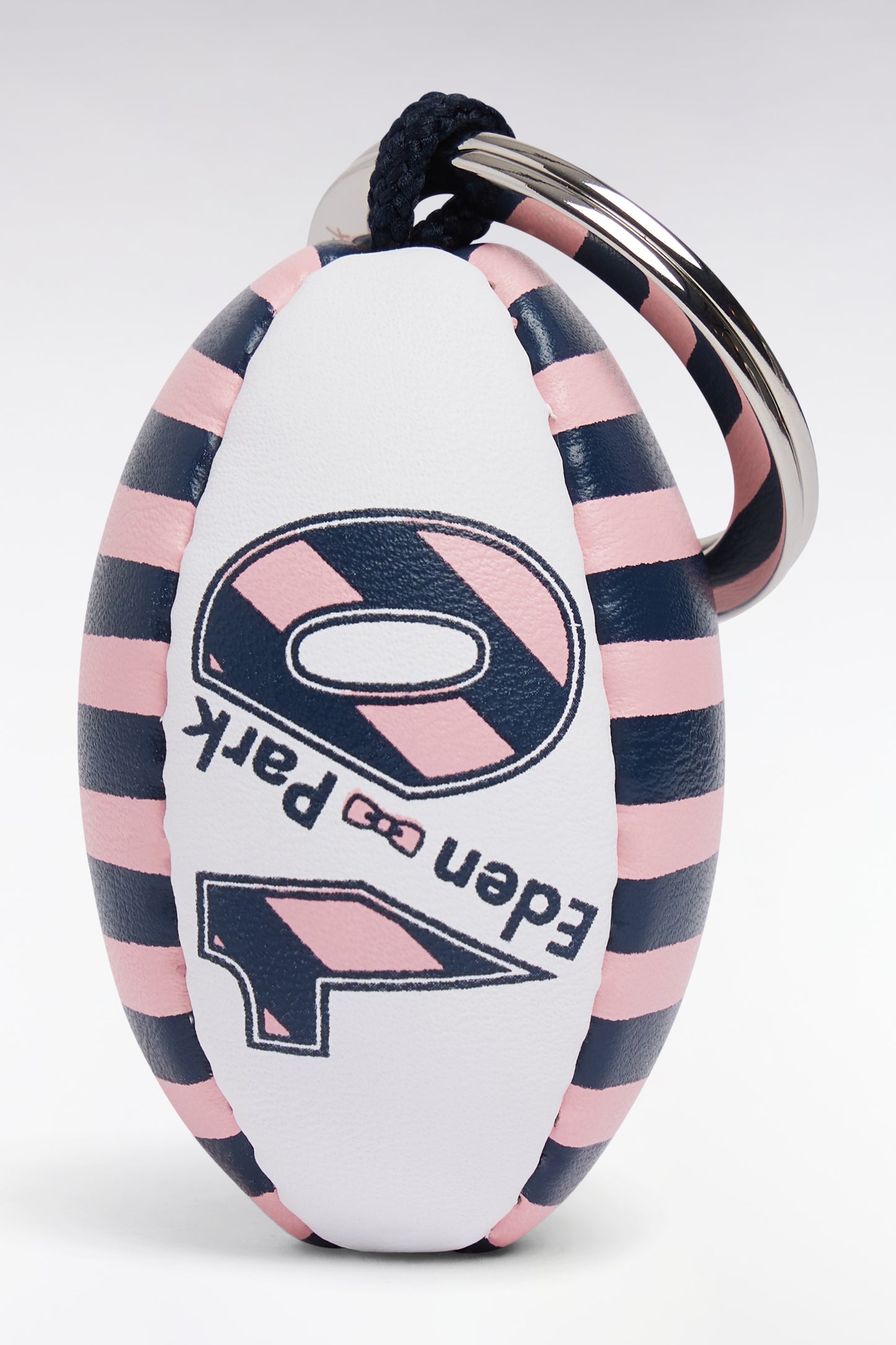 White and pink striped rugby ball keyring