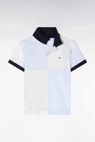Straight-fit cut and sew short-sleeved polo shirt in sky blue and white cotton
