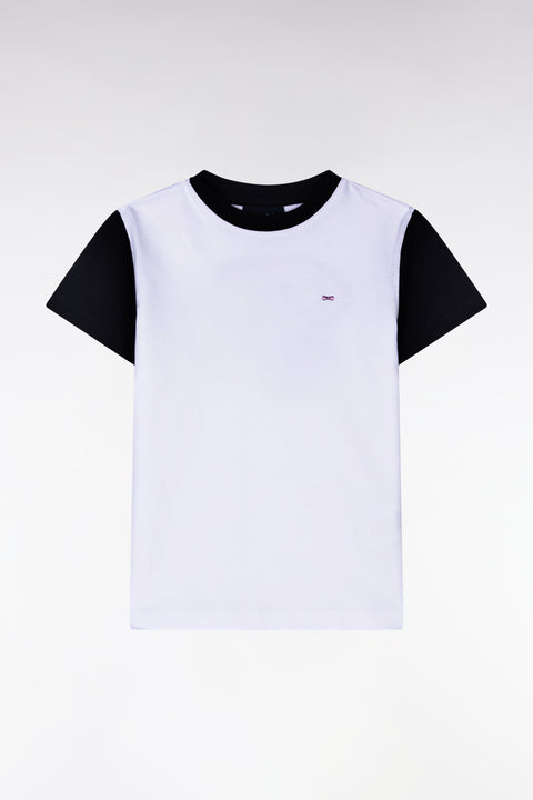 Navy and white cotton T-shirt with hooped back embroidery, straight cut - Image 1