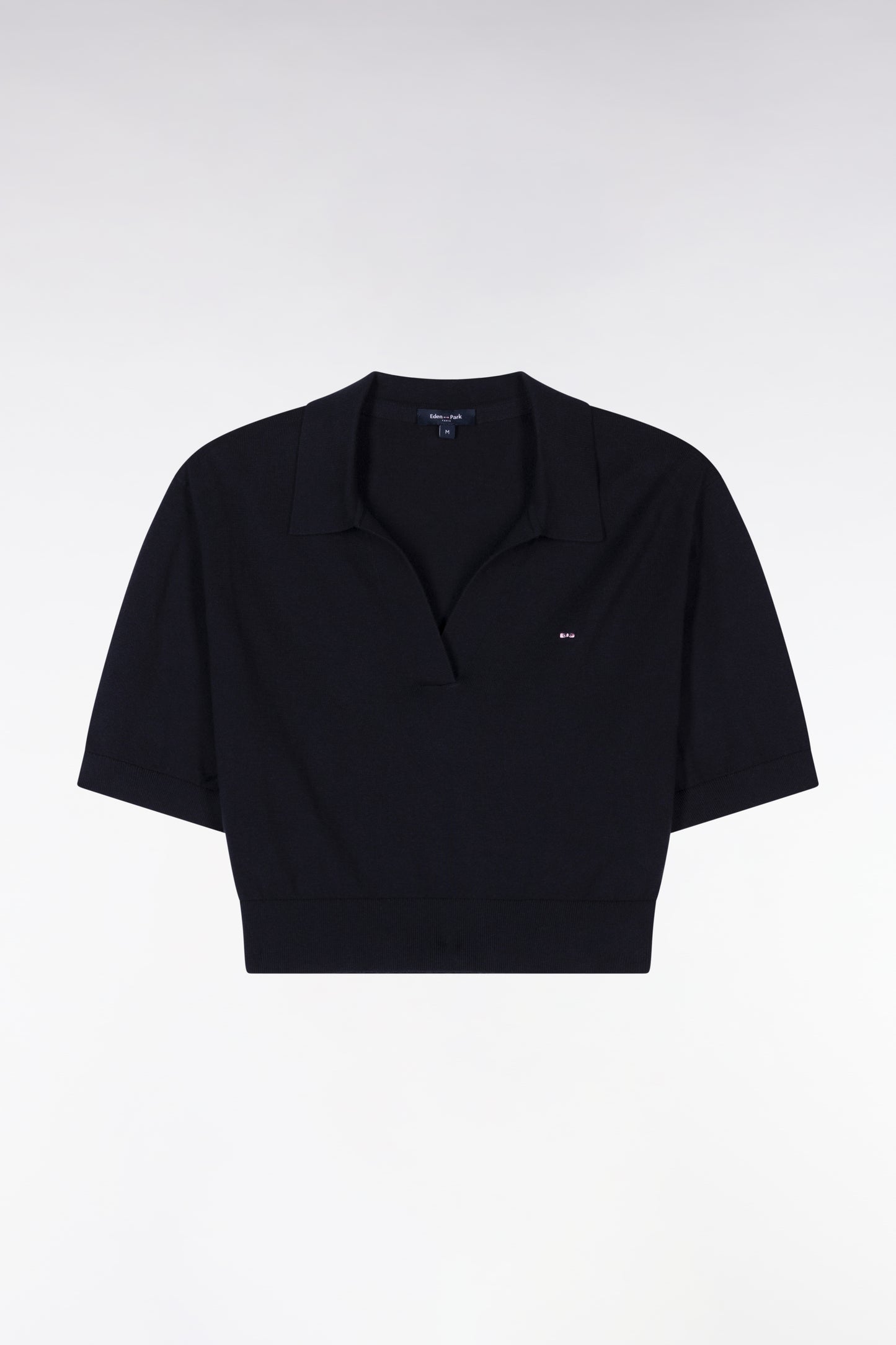 Straight-fit short-sleeved polo collar navy jumper in organic cotton and cashmere blend