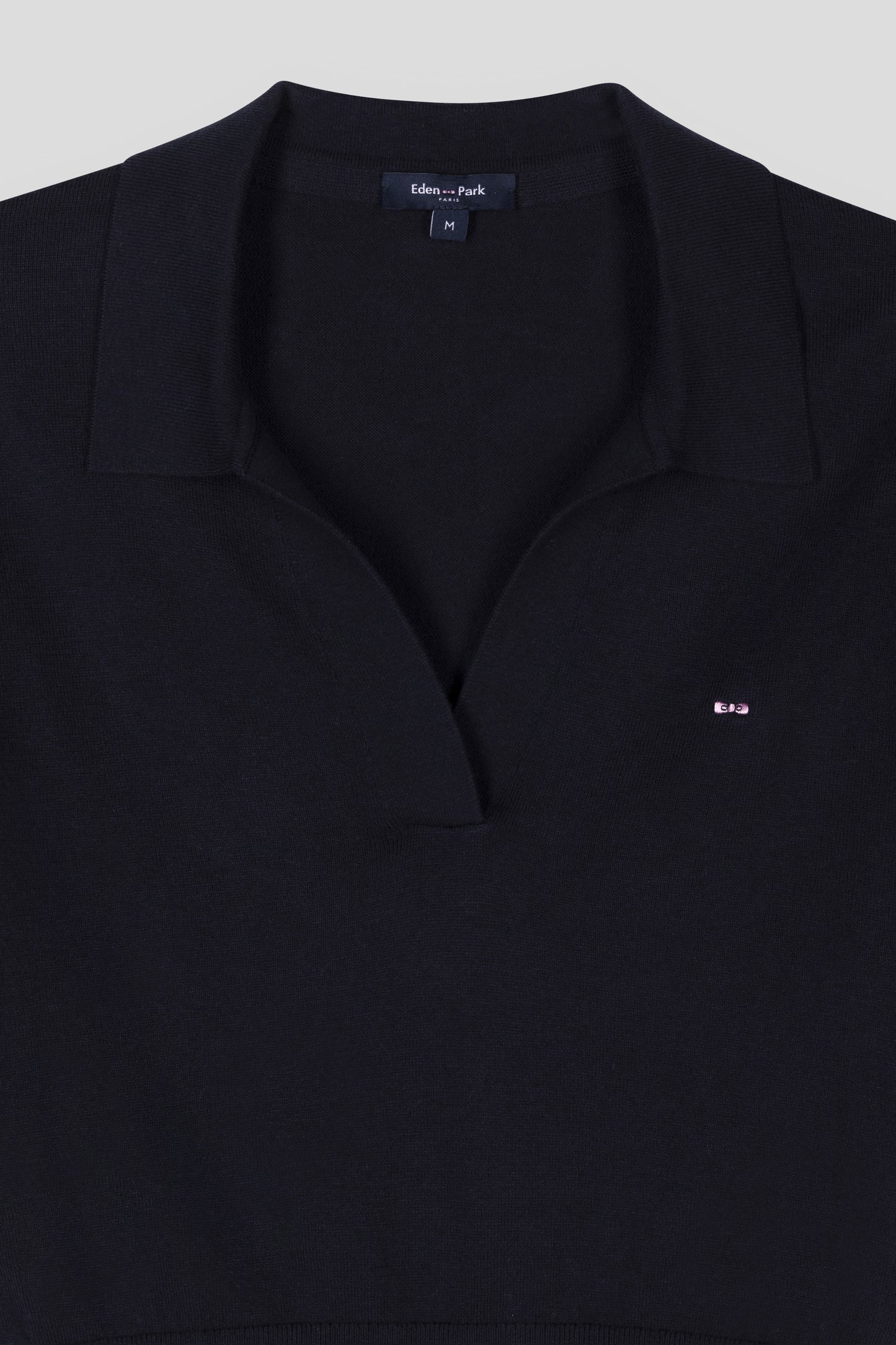 Straight-fit short-sleeved polo collar navy jumper in organic cotton and cashmere blend