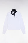 White cotton sweatshirt with navy rugby shirt collar