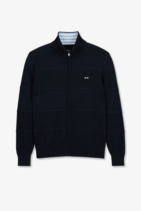 Navy blue zip cardigan in combination knit - Image 2