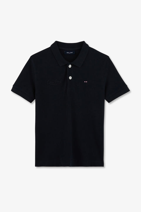 Short-sleeved navy cotton polo shirt with bow-tie embroidery, straight cut - Image 2