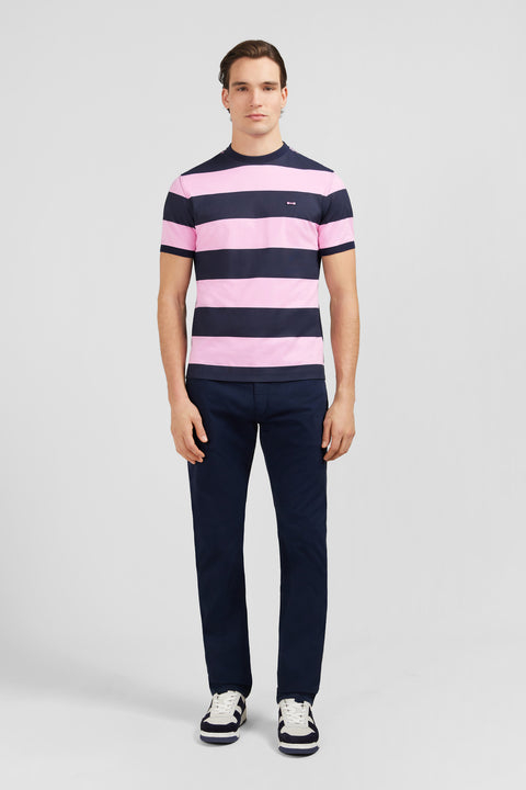 Short-sleeved navy and pink cotton T-shirt with ribbon trim - Image 1