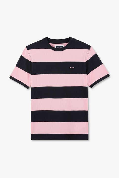 Short-sleeved navy and pink cotton T-shirt with ribbon trim - Image 2
