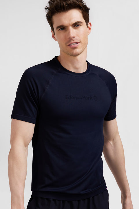 Navy blue short-sleeved sports T-shirt with striped details - Image 1