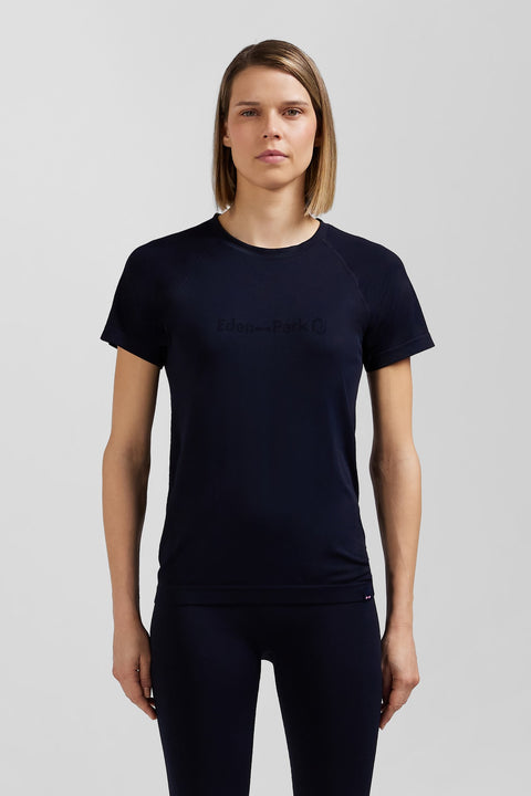 Navy blue short-sleeved sports T-shirt with striped details - Image 1