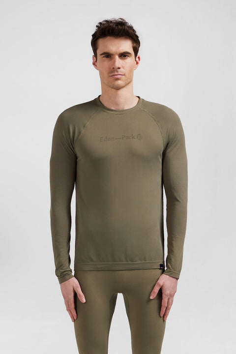 Khaki green long-sleeved sports T-shirt with striped details - Image 2