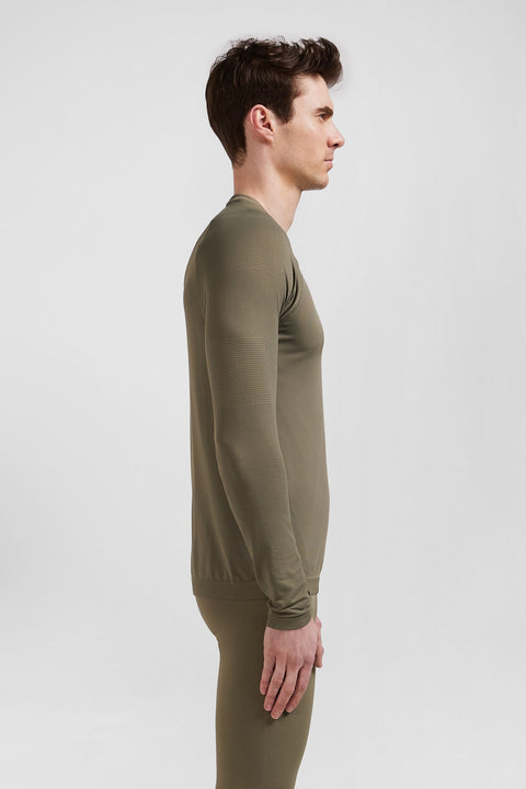 Khaki green long-sleeved sports T-shirt with striped details - Image 3