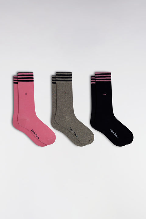 Pack of 3 pairs of pink and navy grey socks in stretch cotton blend - Image 1