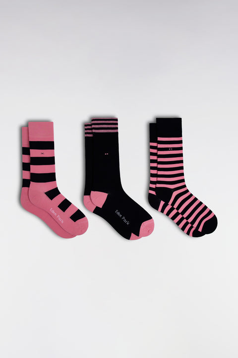 Pack of 3 pairs of navy and pink full-rimmed socks in stretch cotton blend - Image 1