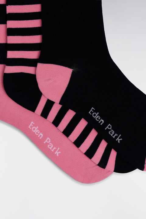 Pack of 3 pairs of navy and pink full-rimmed socks in stretch cotton blend - Image 2