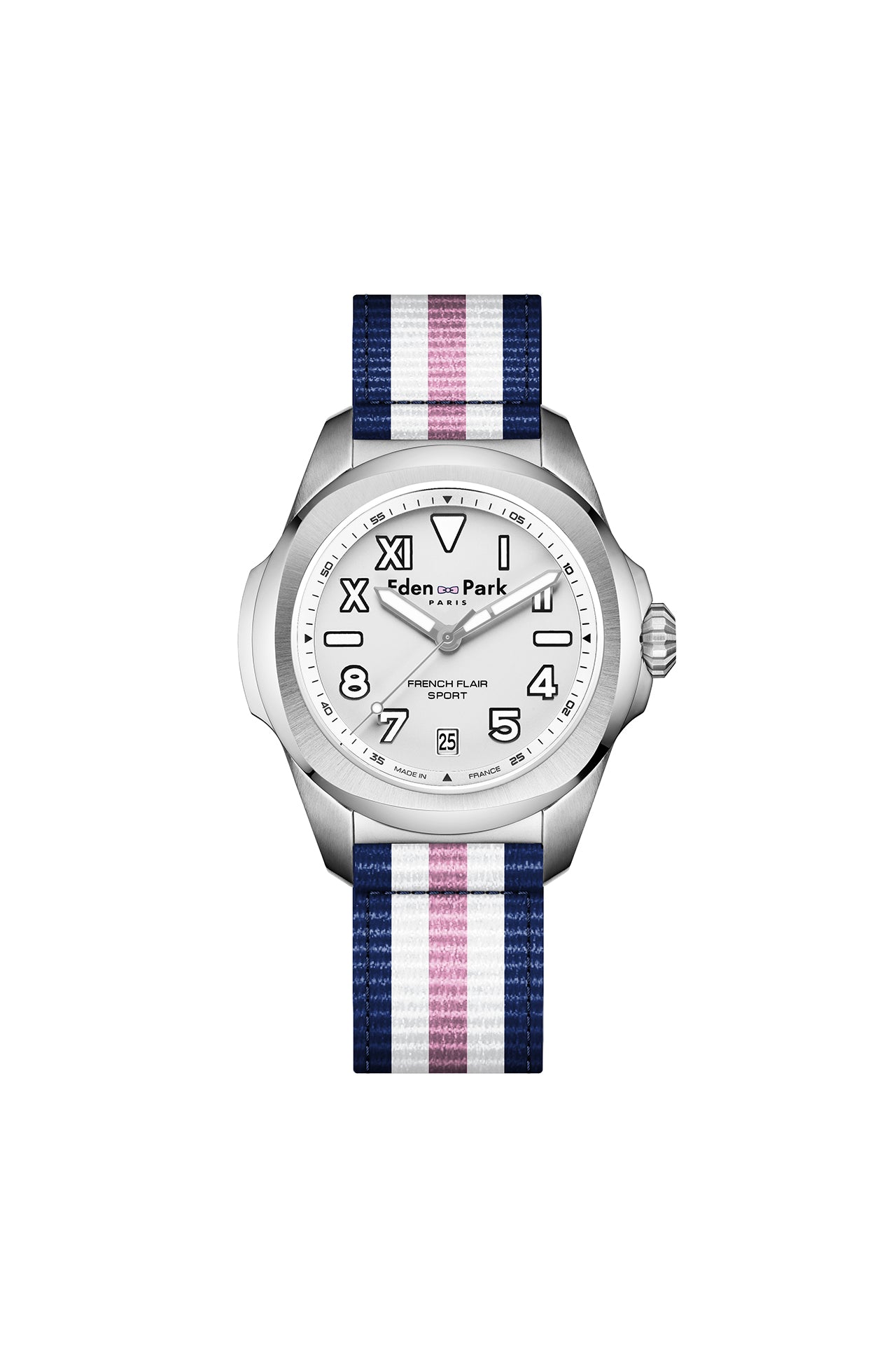 White quartz watch with striped NATO strap