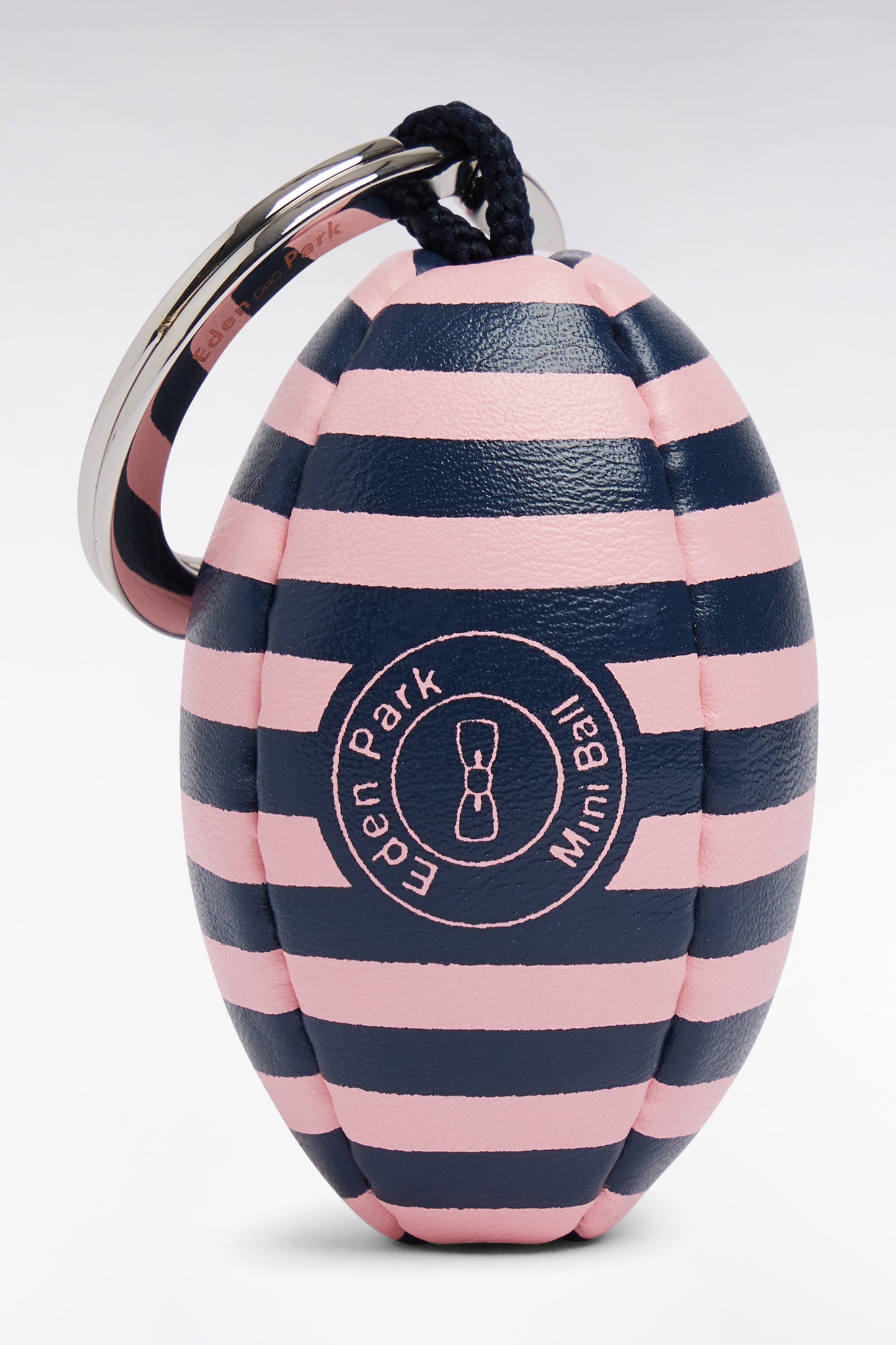 White and pink striped rugby ball keyring