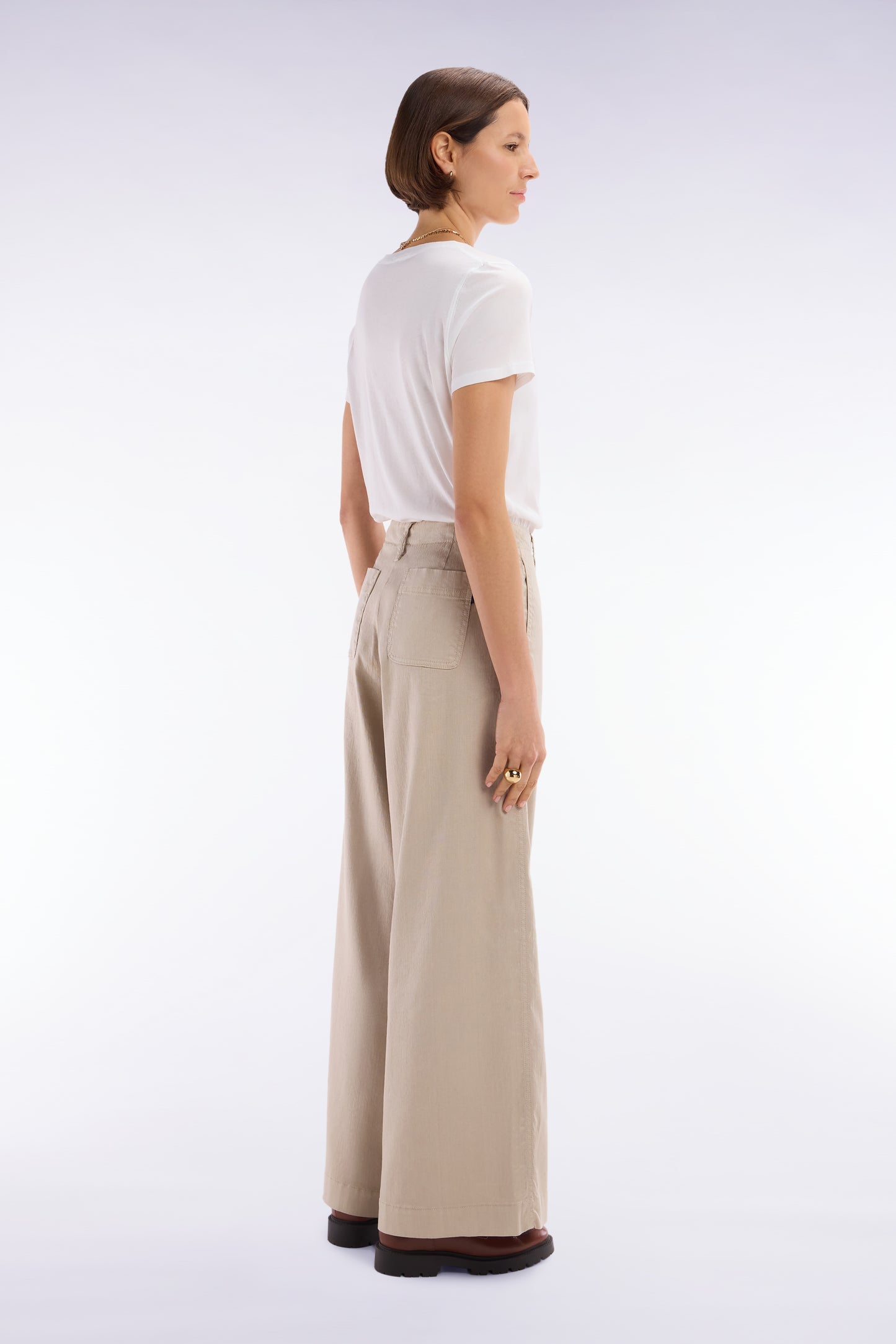Relaxed fit beige stretch linen and cotton trousers