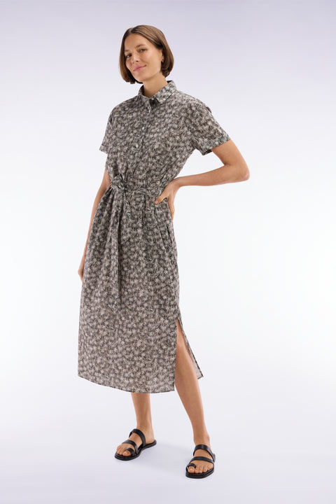 Short-sleeved dress in khaki cotton with palm tree print and relaxed fit - Image 1