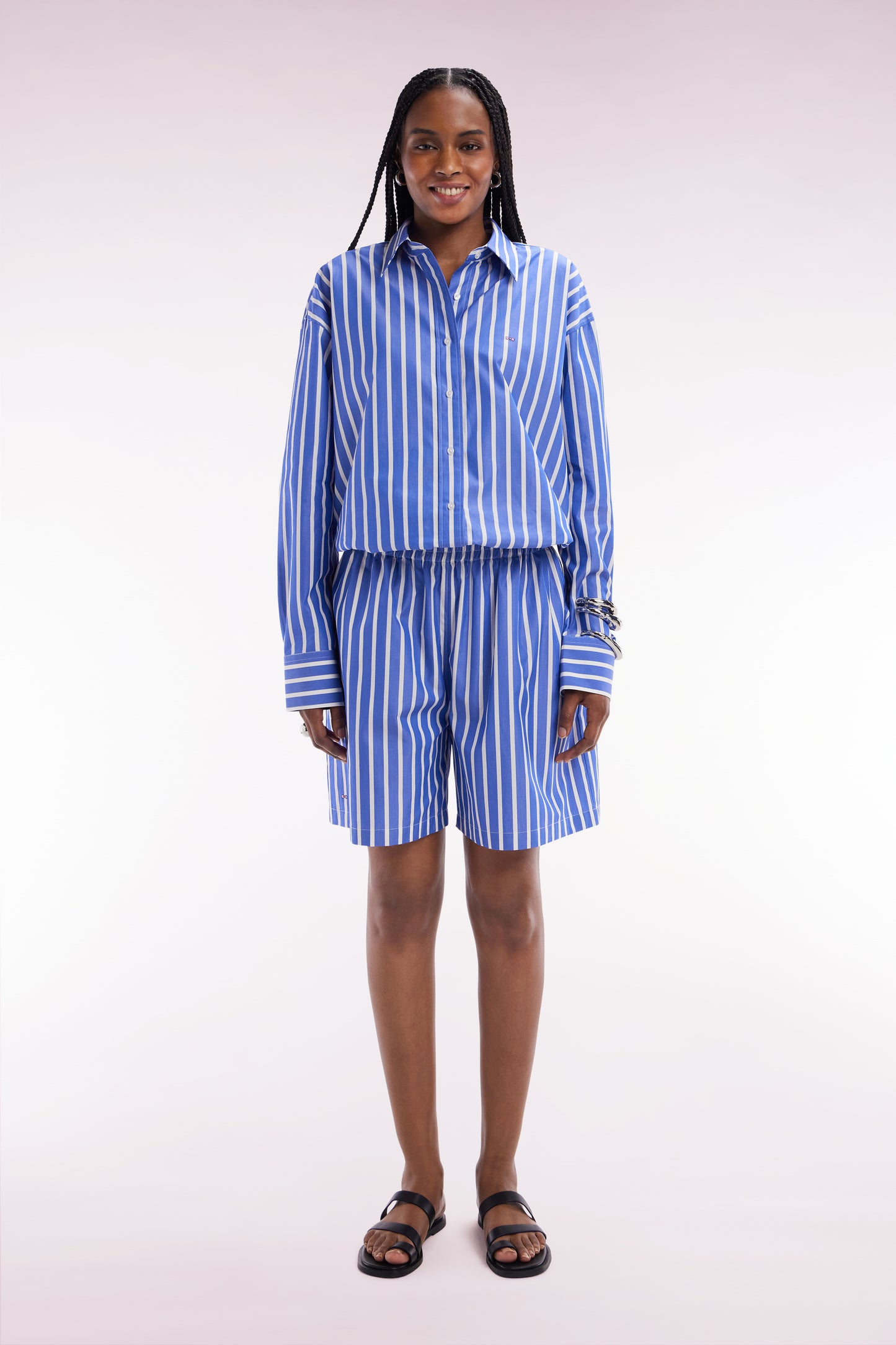 Blue oversized cotton shorts with white stripes