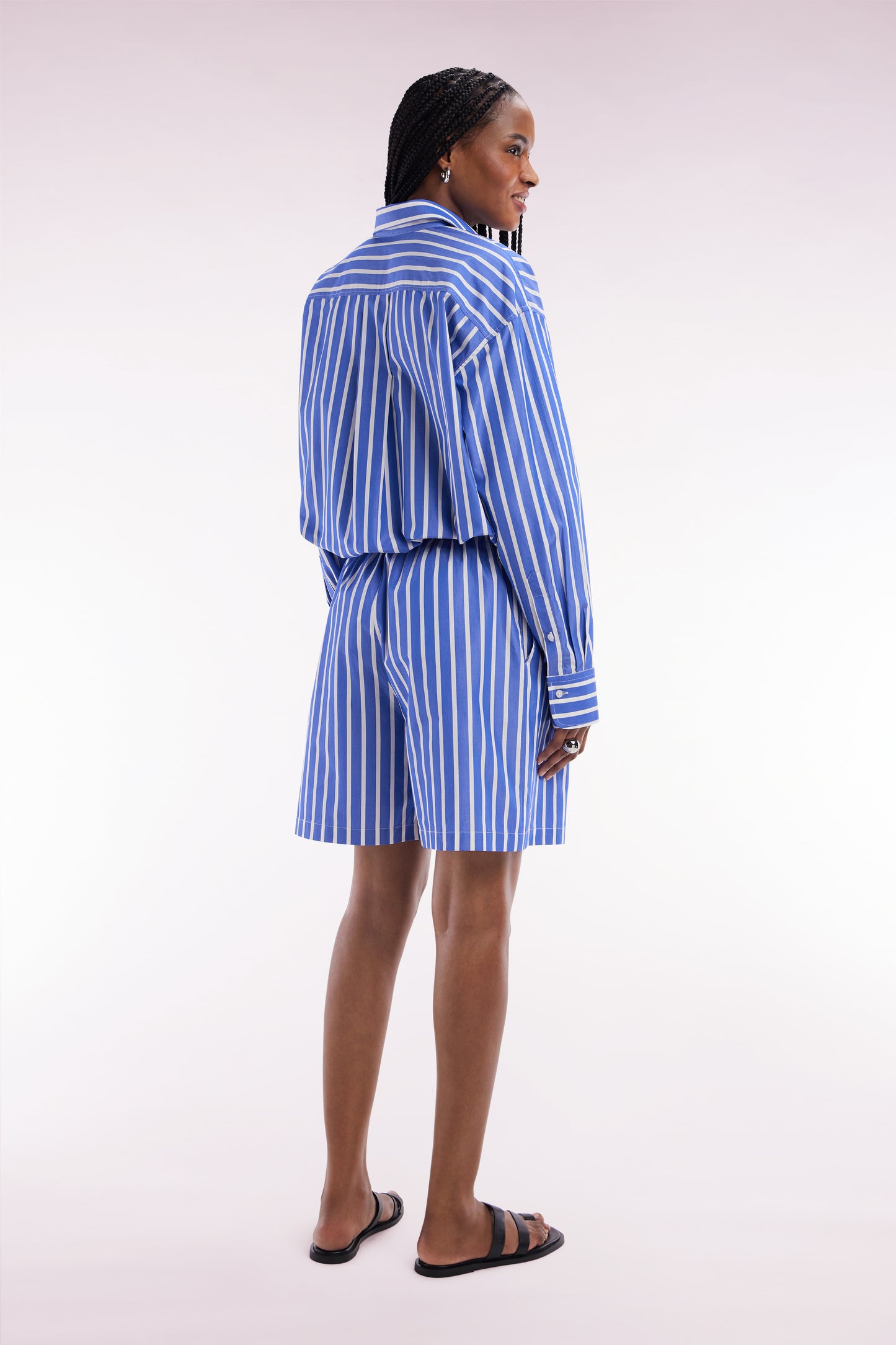 Blue oversized cotton shorts with white stripes