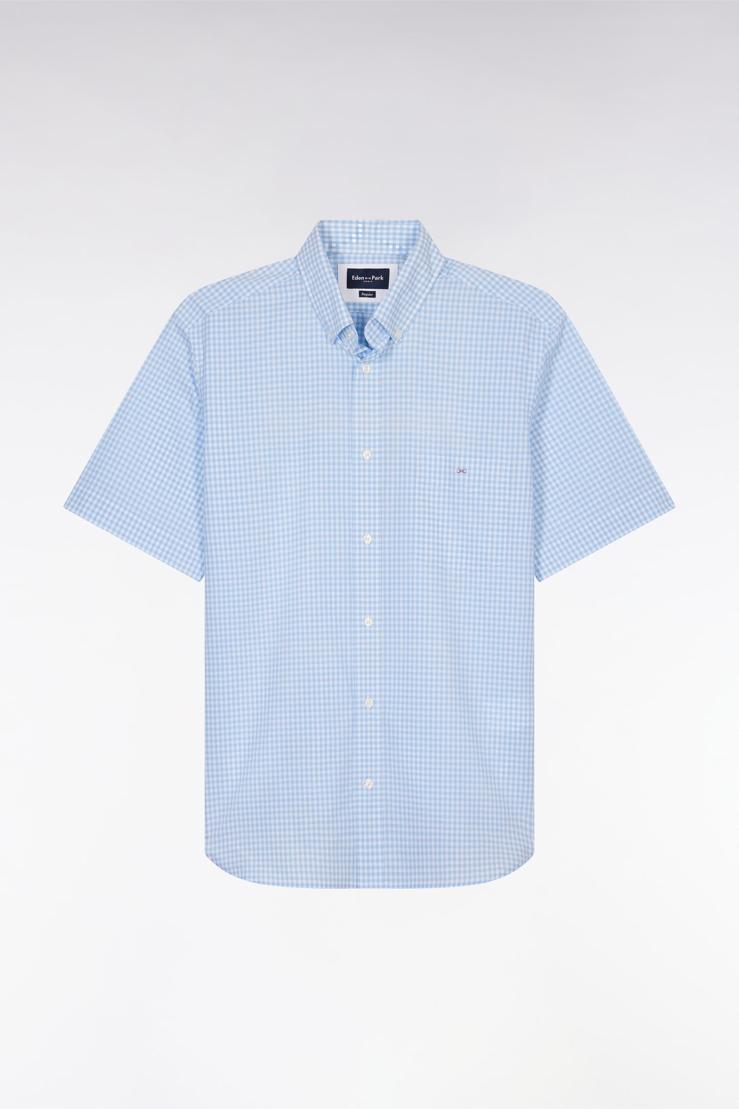 Straight short-sleeved shirt in sky blue gingham cotton