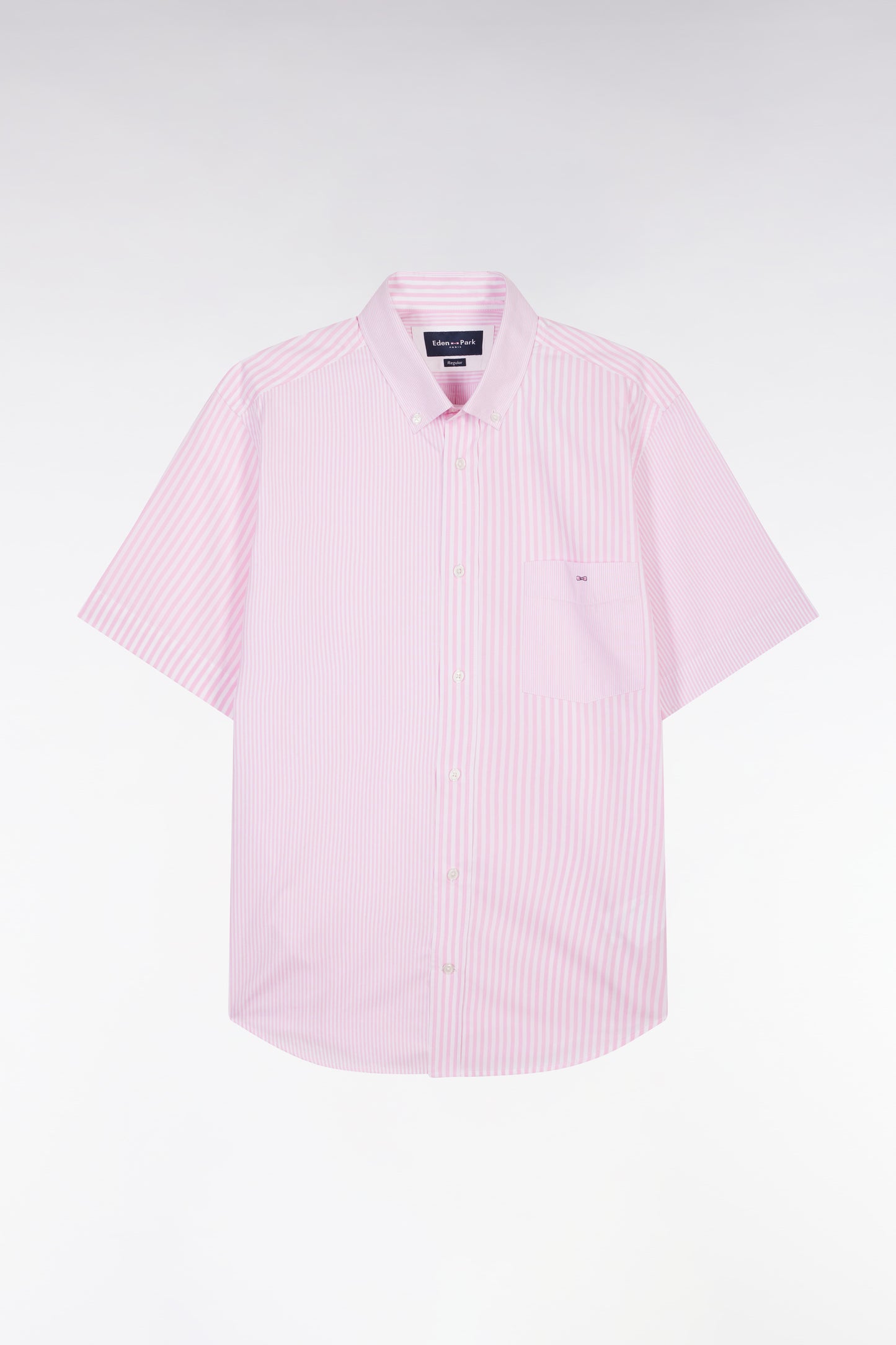 Straight short-sleeved shirt in pink striped poplin cotton