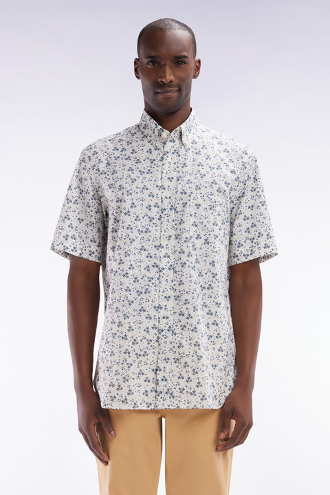 Straight short-sleeved ecru shirt in cotton poplin with grey-blue floral print - Image 1
