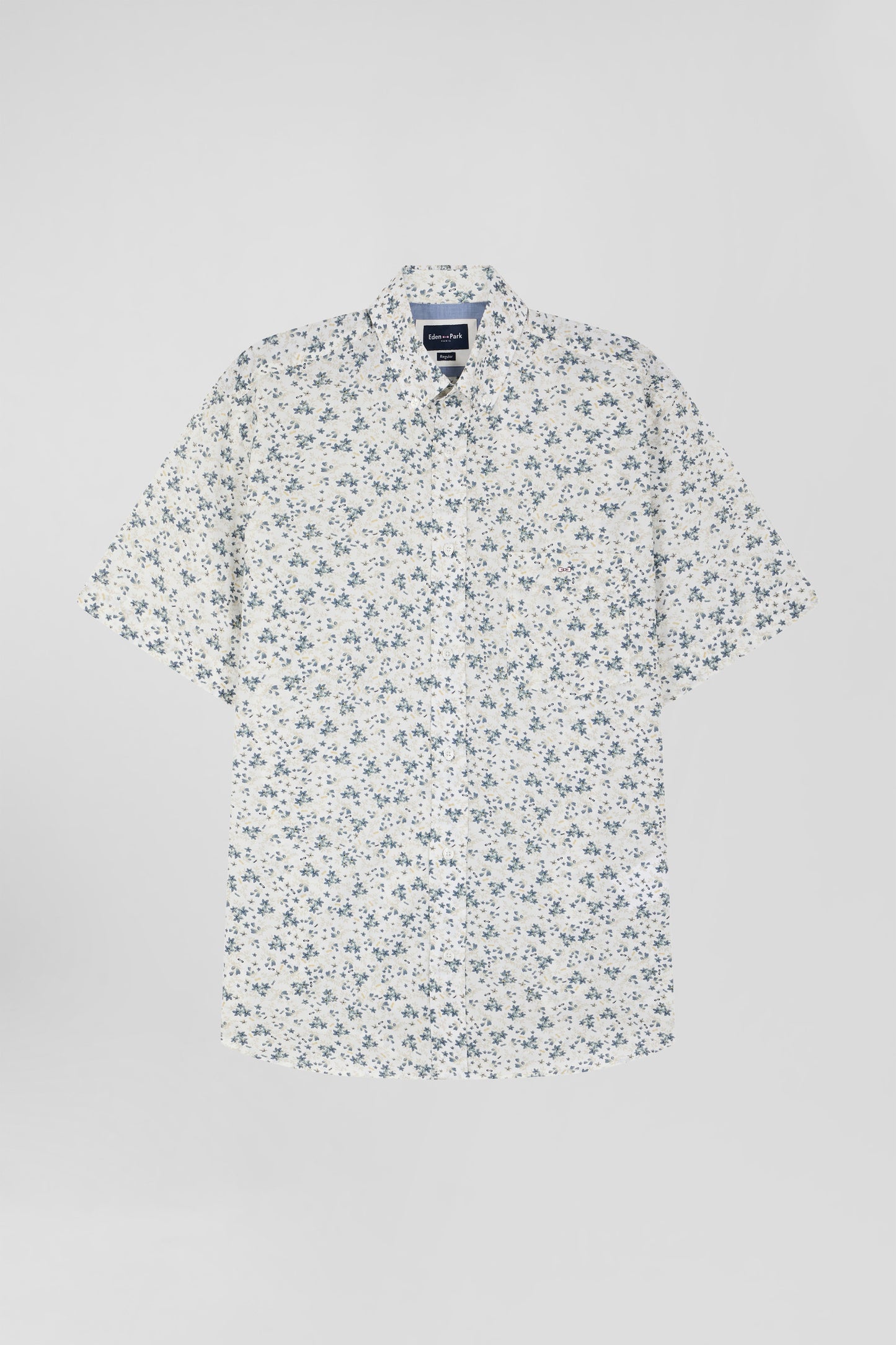 Straight short-sleeved ecru shirt in cotton poplin with grey-blue floral print