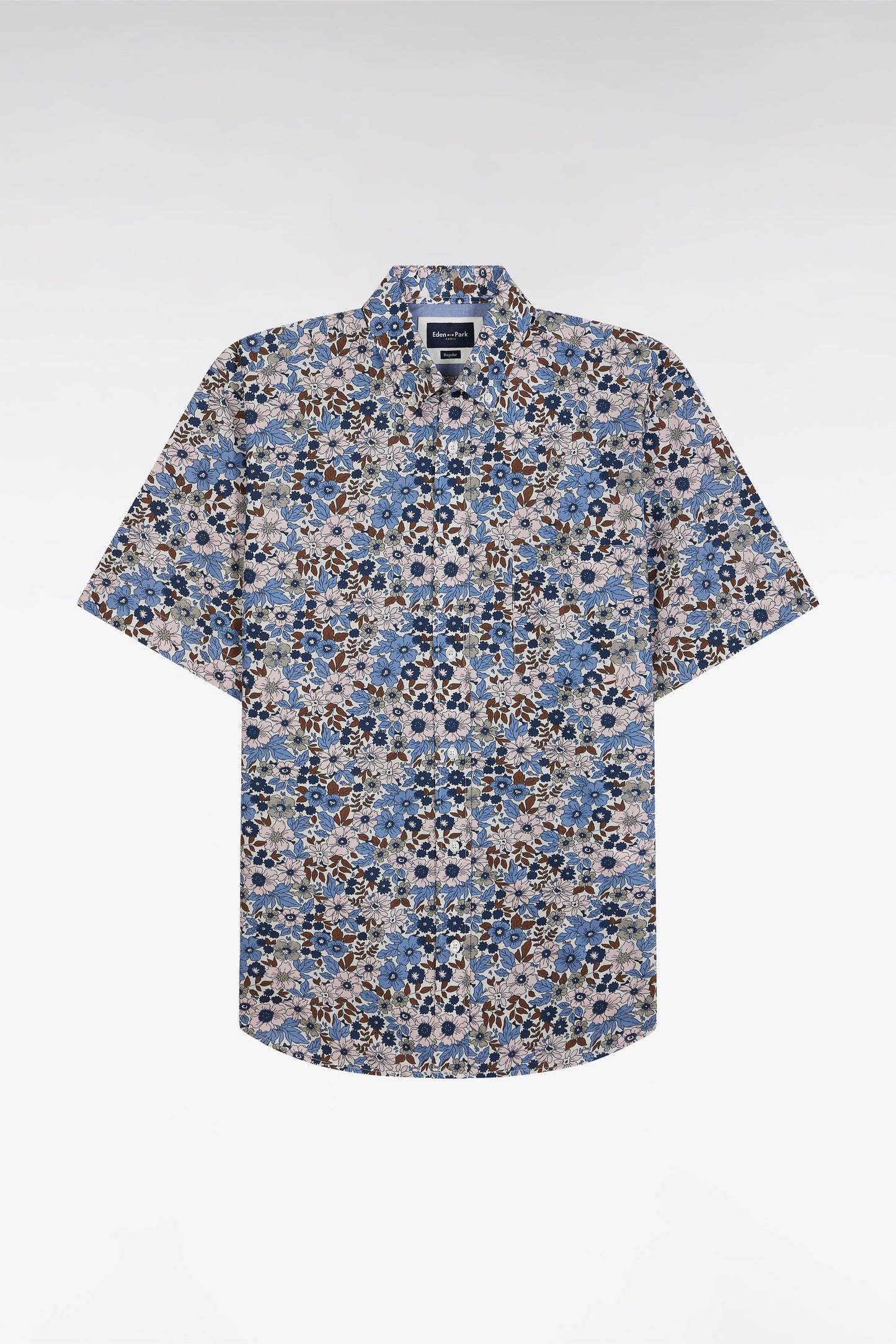 Straight short-sleeved shirt in blue cotton poplin floral print