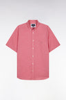 Straight short-sleeved pink cotton shirt in microplaid print