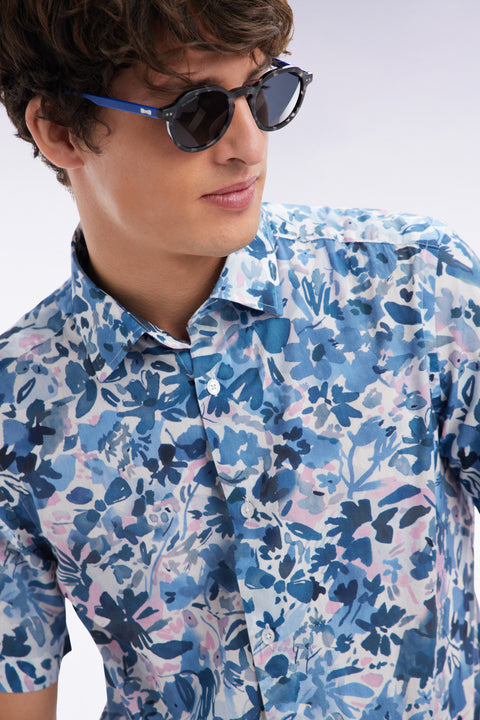 Slim-fit short-sleeved floral print shirt in navy cotton - Image 3