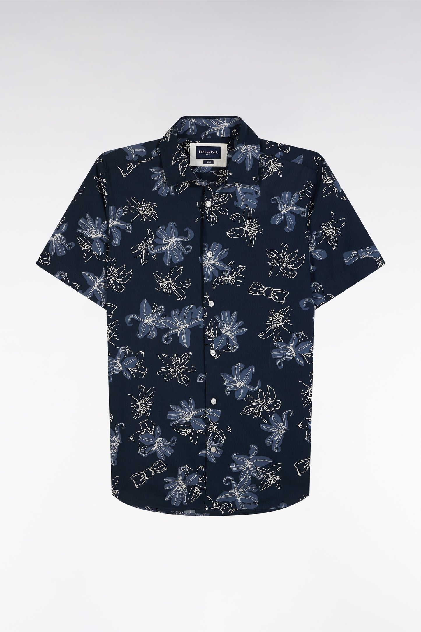 Slim-fit short-sleeved navy cotton shirt with floral print