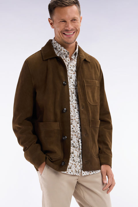 Straight-fit beige cotton poplin shirt with botanical microprint - Image 2