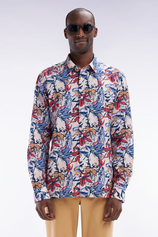 Straight-fit cotton poplin shirt with tropical bow tie print
