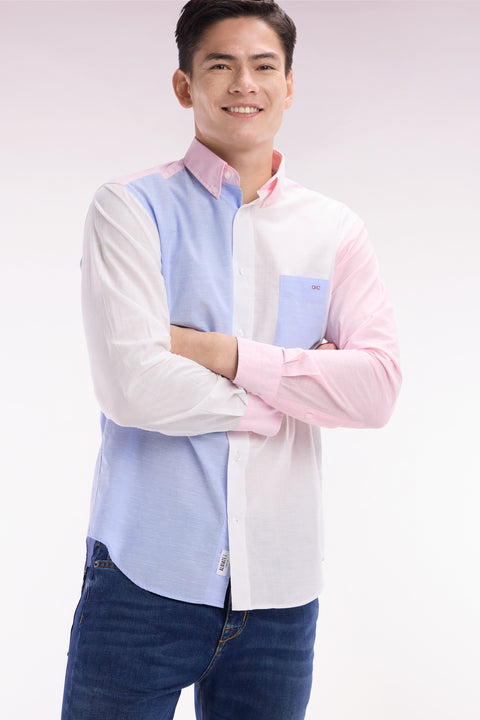 Straight-fit sky blue and pink cotton jacquard and dobby shirt - Image 3