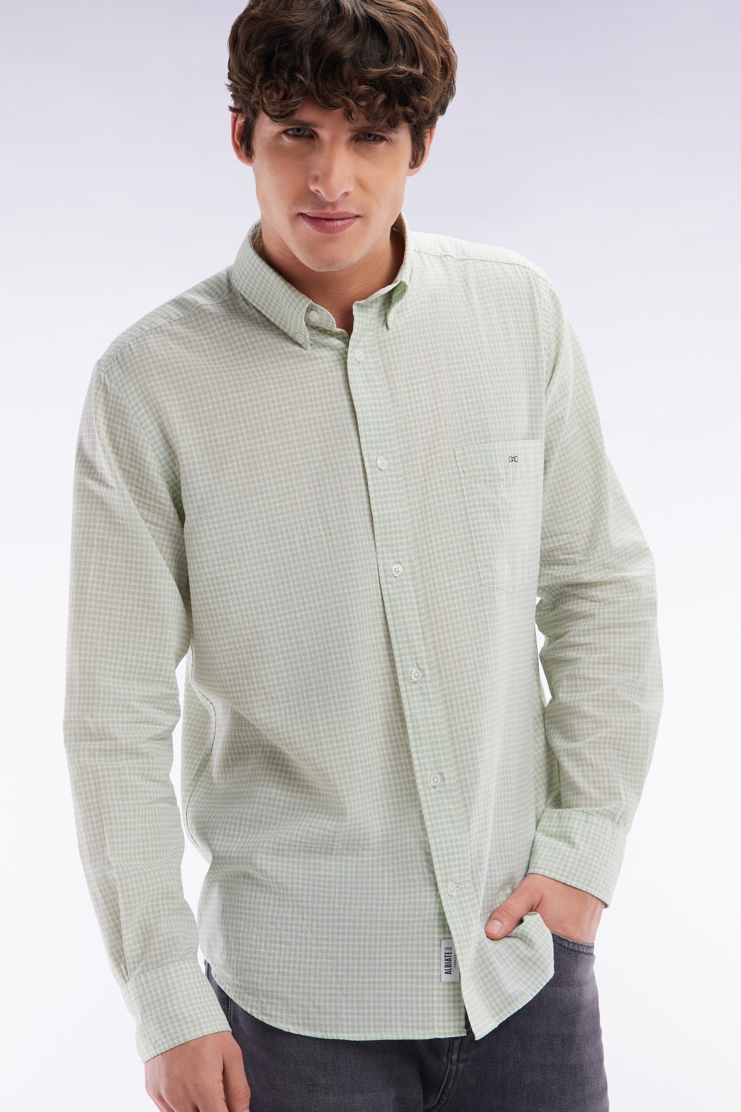 Straight-fit green gingham micro-checked cotton poplin shirt