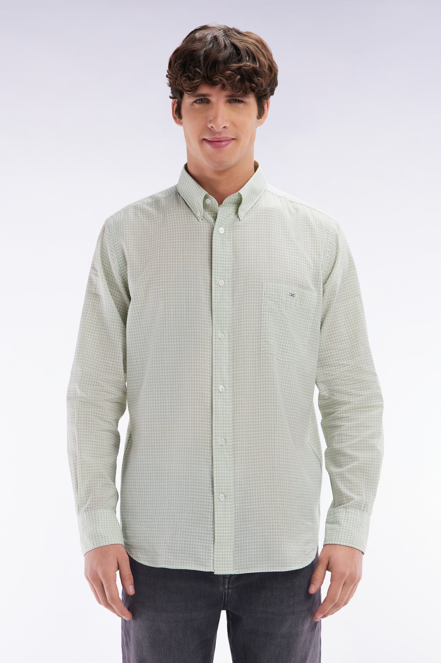 Straight-fit green gingham micro-checked cotton poplin shirt