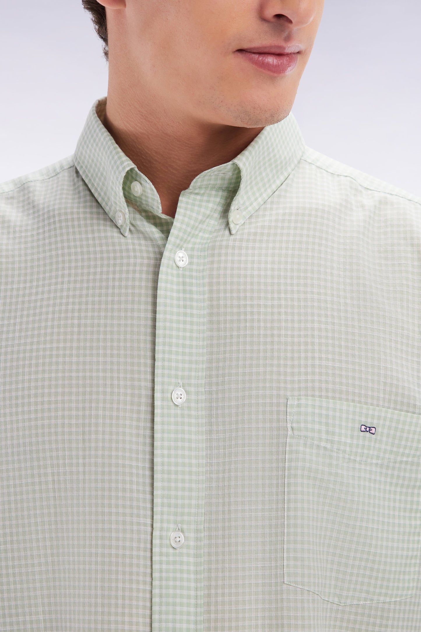 Straight-fit green gingham micro-checked cotton poplin shirt