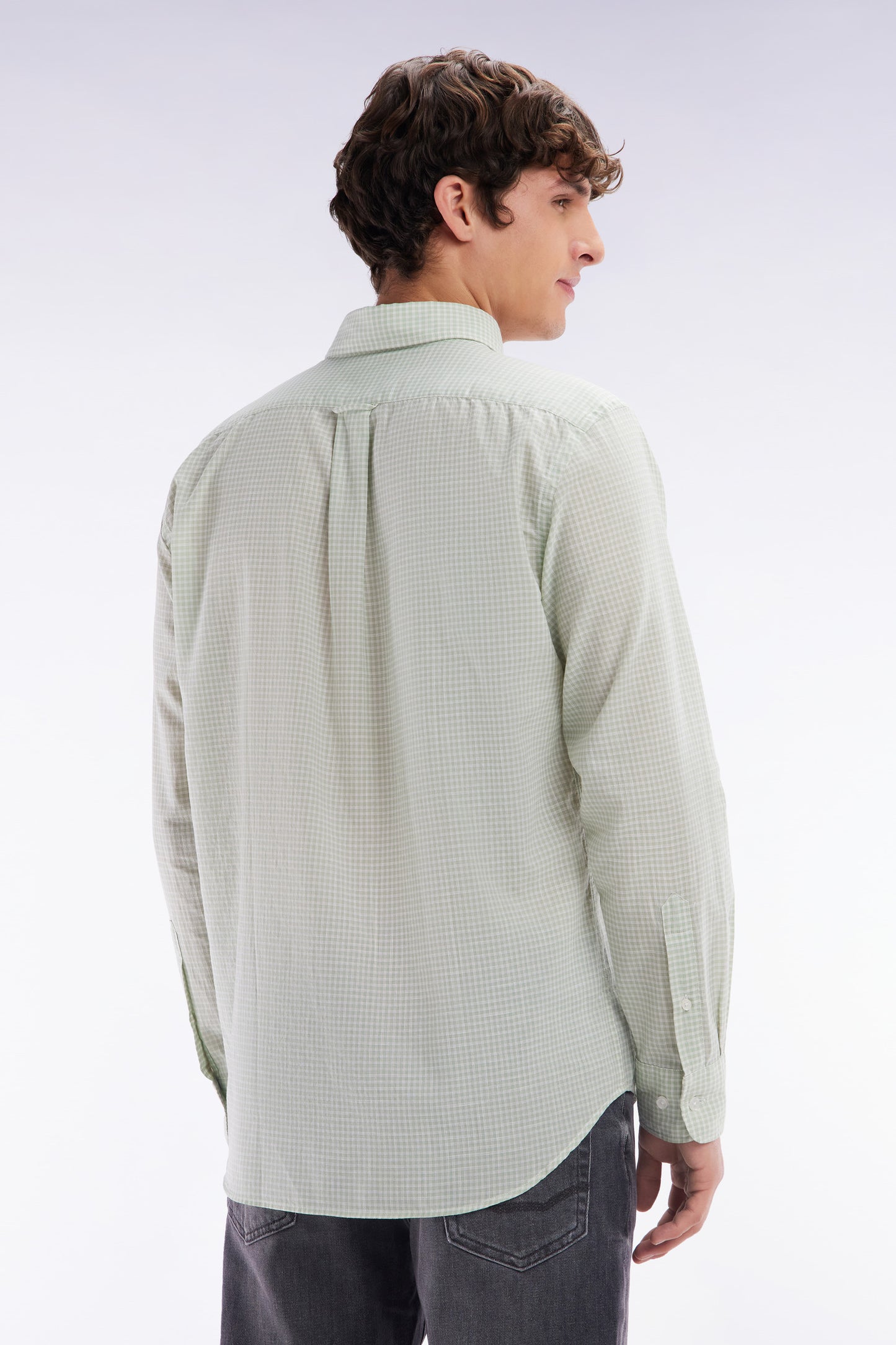Straight-fit green gingham micro-checked cotton poplin shirt