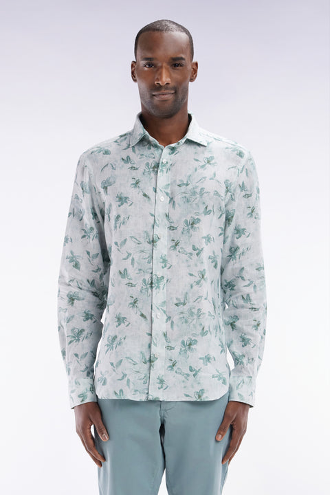 Slim-fit green linen shirt with floral print - Image 1