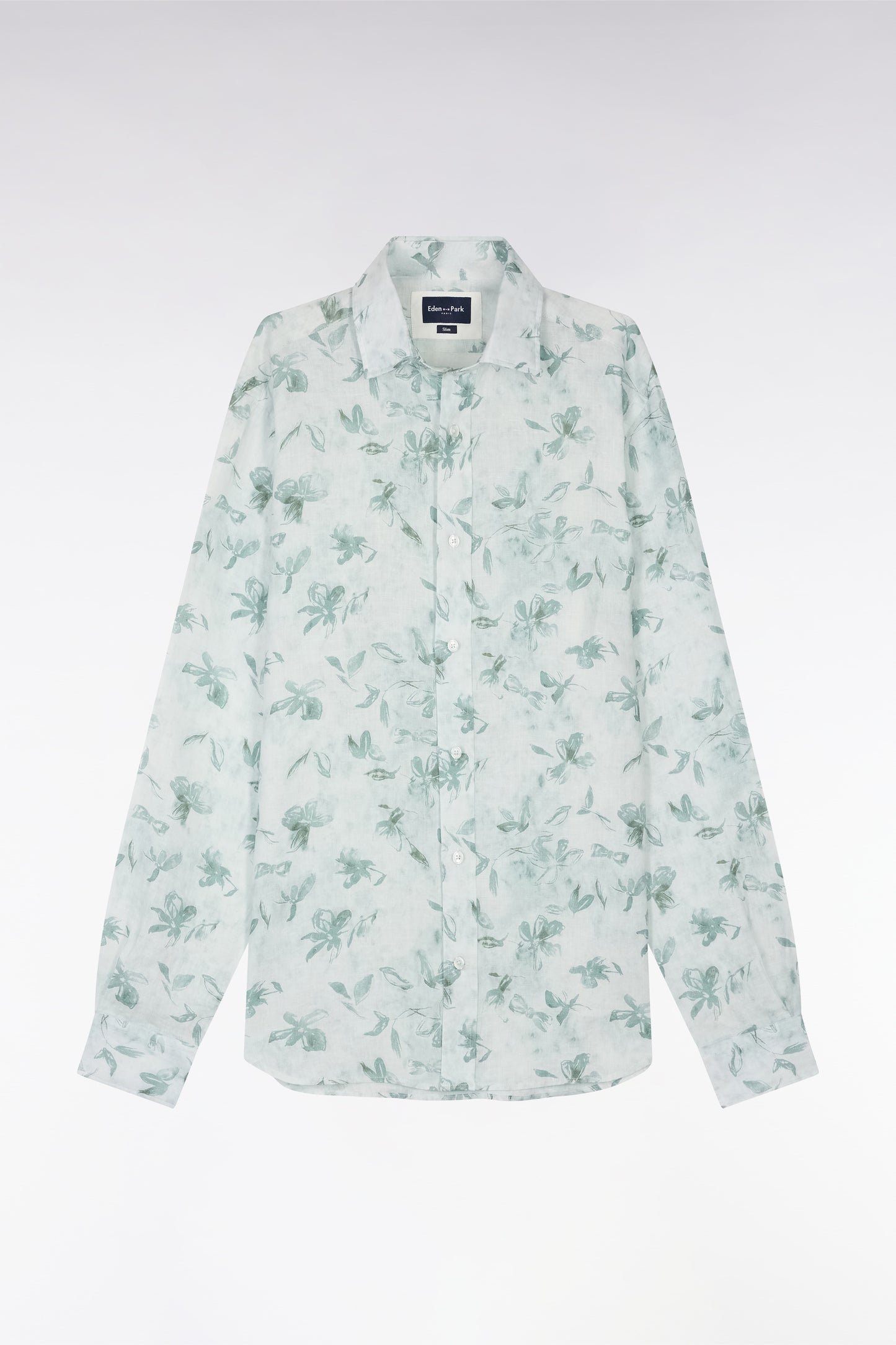 Slim-fit green linen shirt with floral print