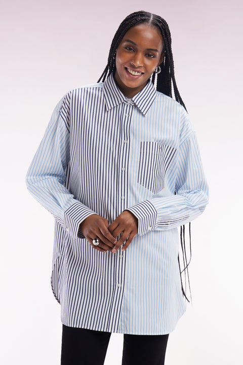 Oversized blue cotton stripe patchwork shirt - Image 1