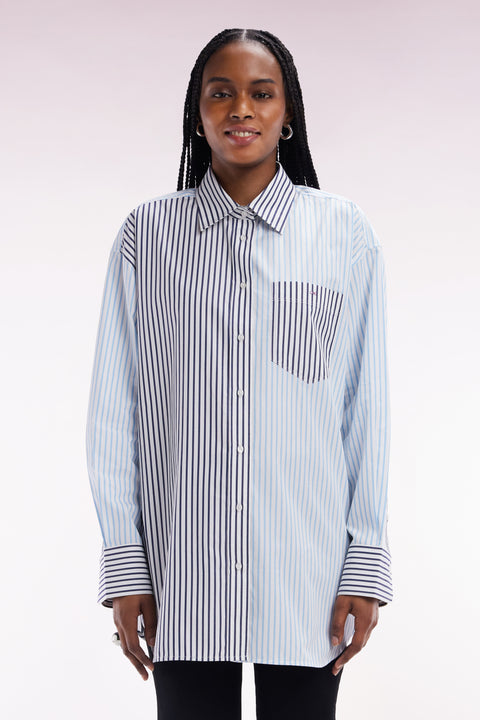 Oversized blue cotton stripe patchwork shirt - Image 3