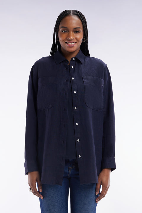 Oversized navy linen shirt with patch pockets - Image 3