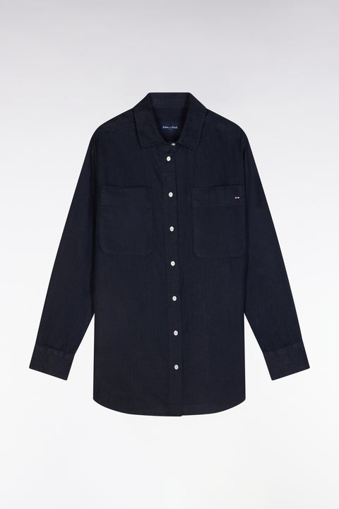 Oversized navy linen shirt with patch pockets - Image 2