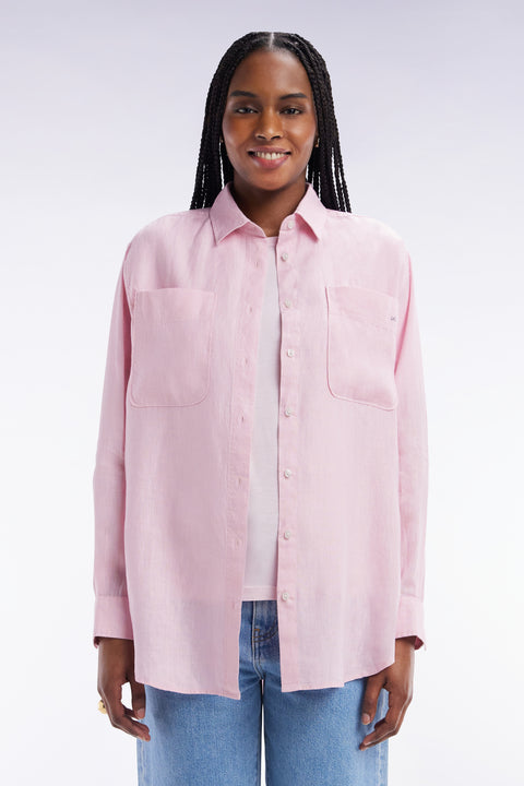 Oversized pink linen shirt with patch pockets - Image 3