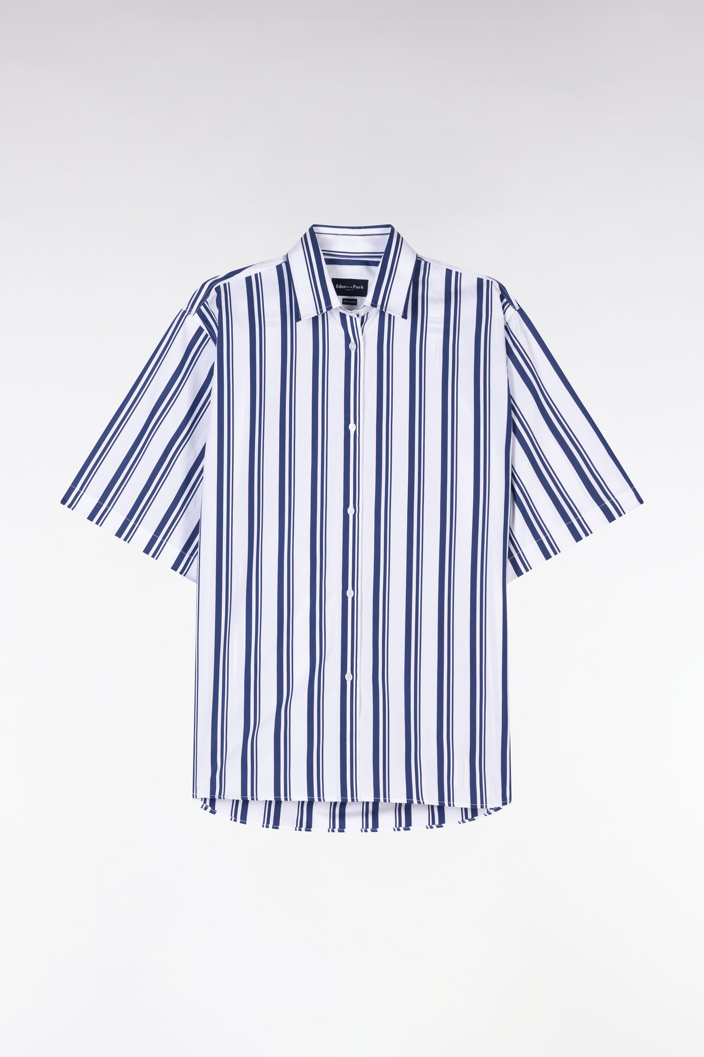 Oversized short-sleeved striped shirt in navy and white cotton