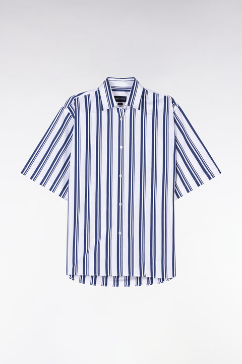 Oversized short-sleeved striped shirt in navy and white cotton - Image 2