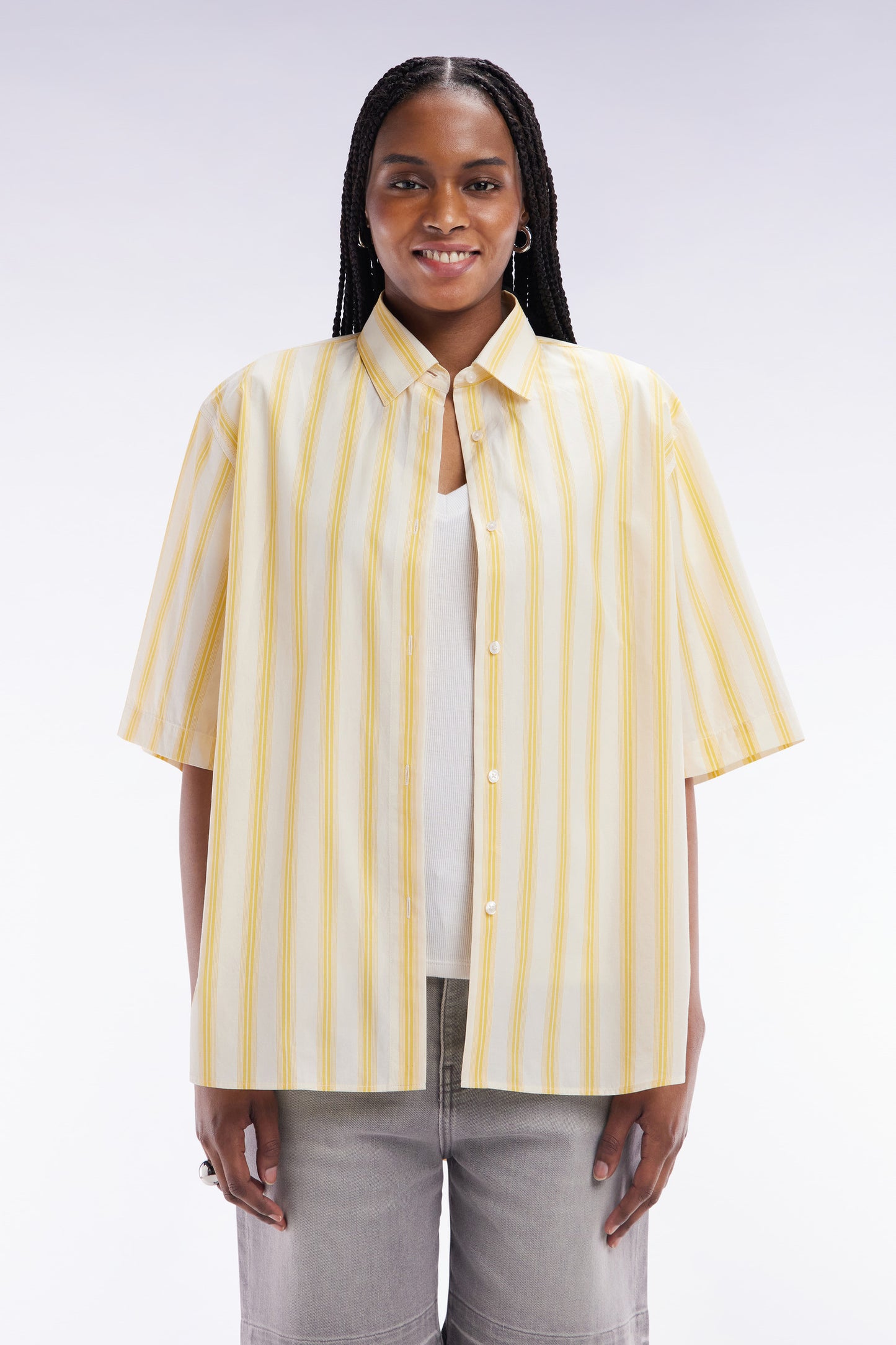 Oversized striped short-sleeved shirt in yellow and white cotton